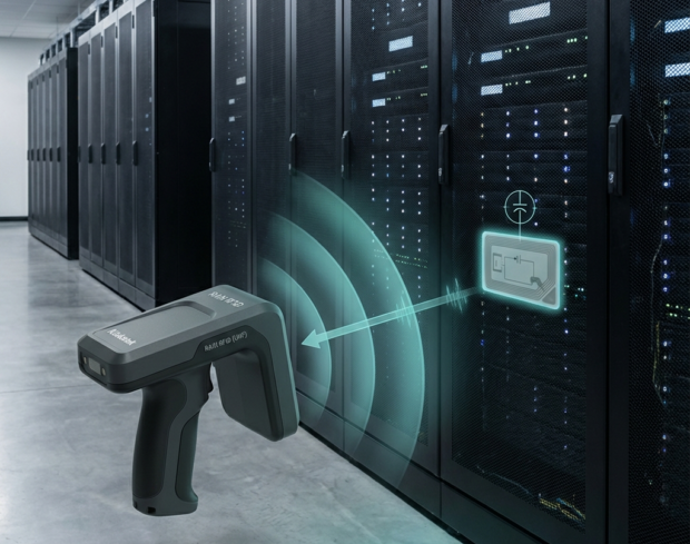 2025.120.10 Zero power sensing data center aisle with a RAIN RFID reader powering a battery‑free UHF sensor tag