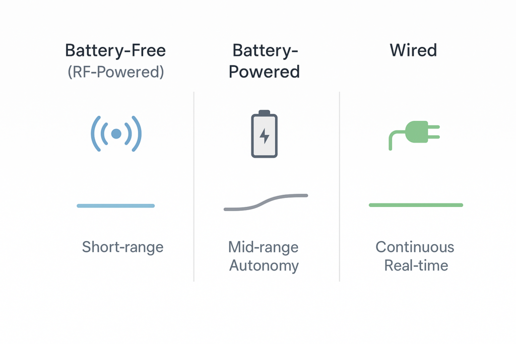 Conceptual diagram with three columns comparing zero‑maintenance sensing architectures: Battery‑Free (RF‑Powered) for short‑range activation, Battery‑Powered for mid‑range autonomy, and Wired for continuous real‑time monitoring. 