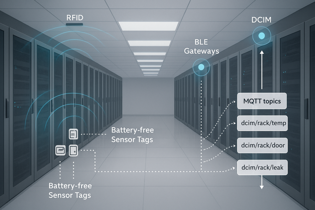 Data‑center aisle with overlays showing RFID read zones, BLE gateways, and battery‑free sensor tags streaming MQTT topics to DCIM