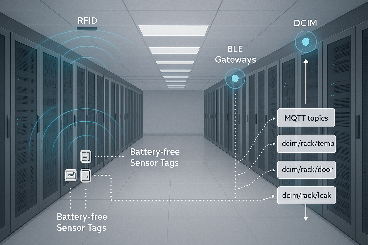 Data‑center aisle with overlays showing RFID read zones, BLE gateways, and battery‑free sensor tags streaming MQTT topics to DCIM