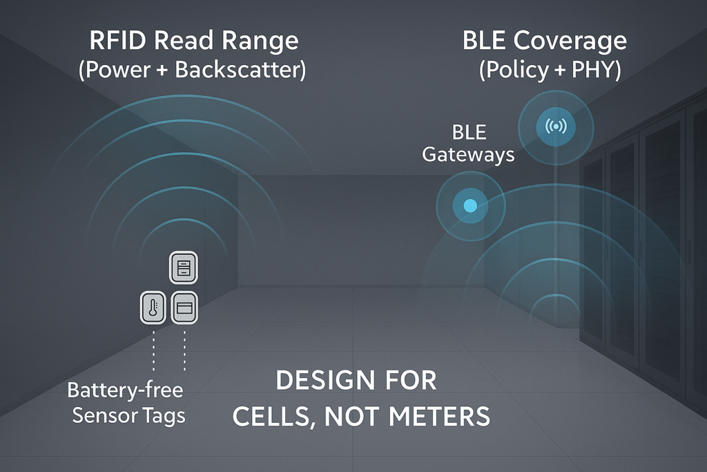 kliskatek-rfid-vs-ble-hero Split scene showing RFID read‑zone arcs powering battery‑free tags on the left and BLE coverage cells from gateways on the right