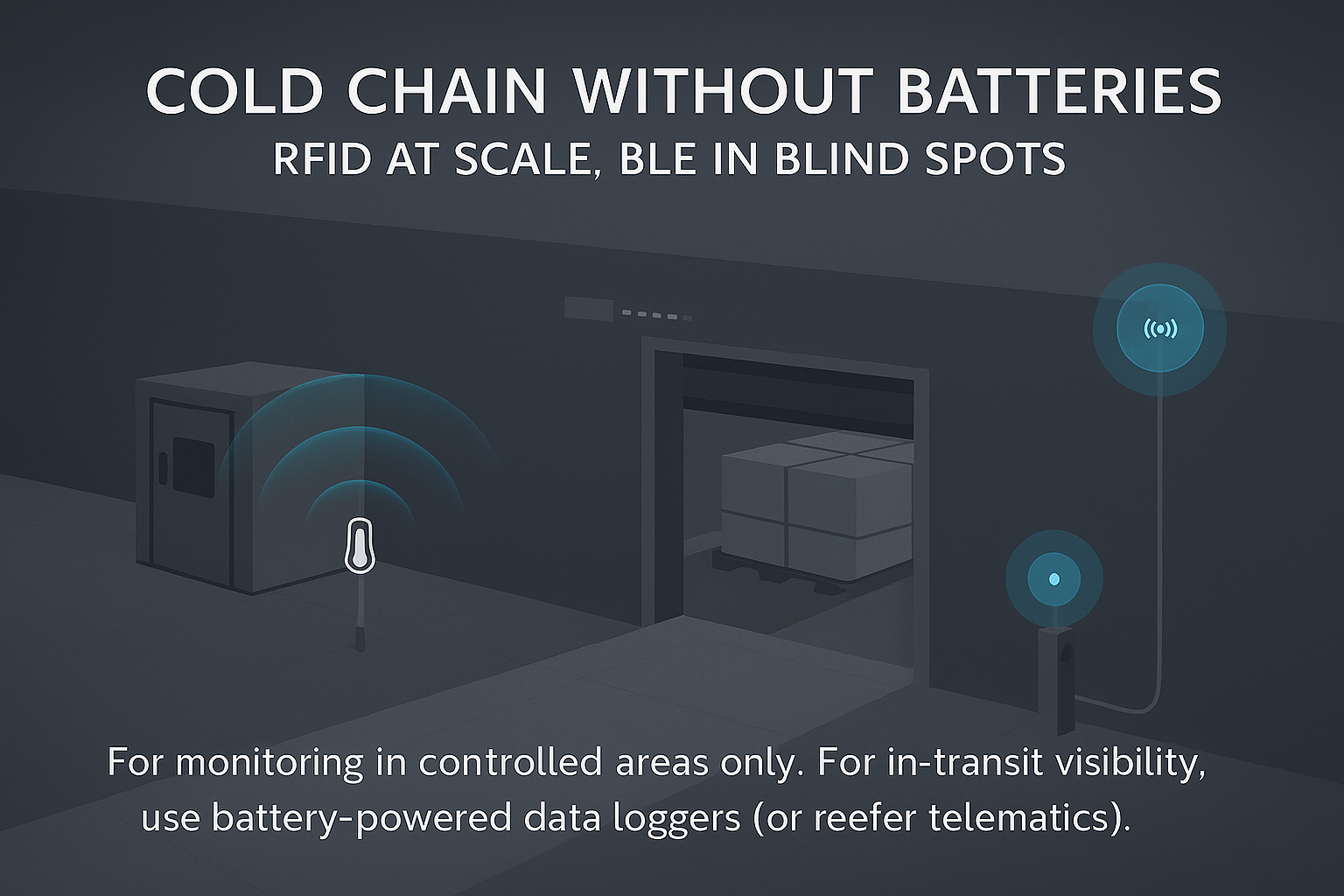 Cold‑room and dock scene with RFID read‑zone arcs and a BLE gateway indicating local coverage at a site; intended for controlled areas only—transit needs battery‑powered data loggers.
