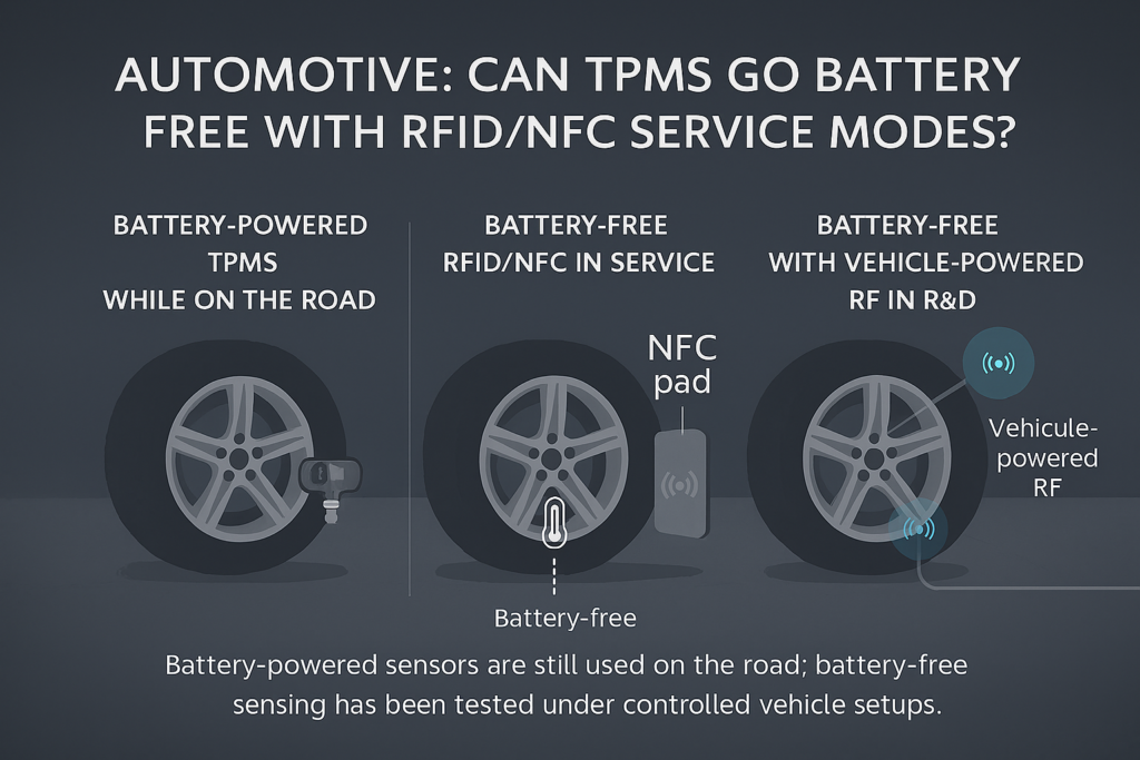 Three wheels side‑by‑side: (1) wheel with a small battery‑powered TPMS module; (2) wheel being tapped by an NFC pad while a passive in‑tire sensor is energized; (3) wheel with an in‑tire tag harvesting energy from a vehicle‑mounted RF antenna—conveying service‑time battery‑free, and RF‑powered battery‑free feasibility.