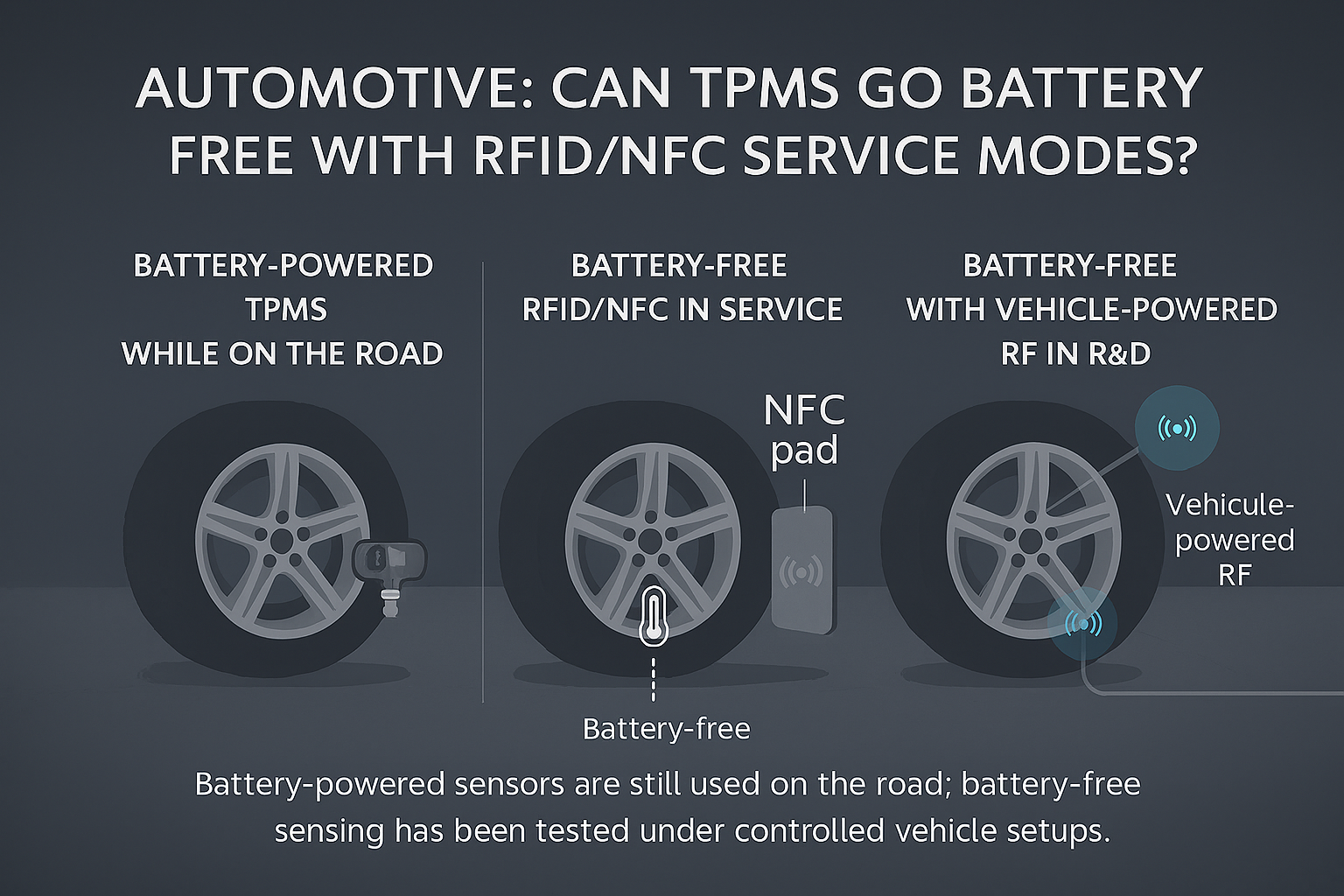 Three wheels side‑by‑side: (1) wheel with a small battery‑powered TPMS module; (2) wheel being tapped by an NFC pad while a passive in‑tire sensor is energized; (3) wheel with an in‑tire tag harvesting energy from a vehicle‑mounted RF antenna—conveying service‑time battery‑free, and RF‑powered battery‑free feasibility.